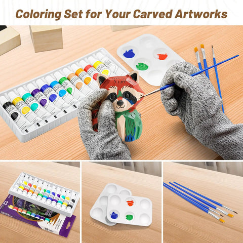 Person painting wooden raccoon with paintbrushes and paints from All-In-One Wood Carving Kit For Beginners with gloves.