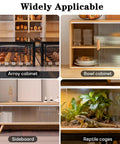 Collage showing various uses for Complete Aluminum Sliding Door Track Kit With Two Upper Tracks And Two Lower Tracks For One Quarter Inch Thick Cabinet Glass Closet Doors And Sliding Windows, 48 Inch Length, Silver Finish, Can Be Cut To Any Length For A Precise Fit: array cabinet, bowl cabinet, sideboard, reptile cages.