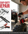 User repairing a tire using the Badass Heavy Duty 31 Piece Flat Tire Repair Kit With Durable Rubber Plugs And Complete Steel Tool Set For Cars Trucks Atv Jeep Roadside Emergency Fix.