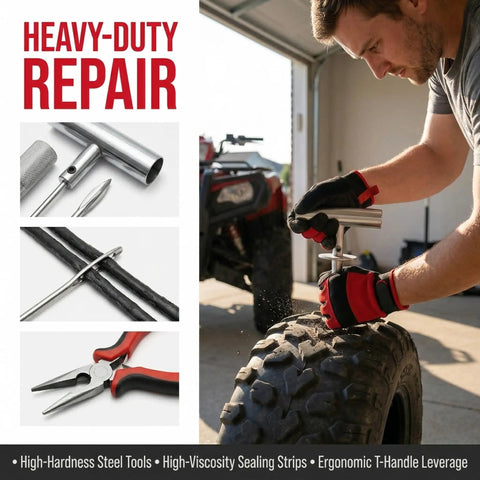 User repairing a tire using the Badass Heavy Duty 31 Piece Flat Tire Repair Kit With Durable Rubber Plugs And Complete Steel Tool Set For Cars Trucks Atv Jeep Roadside Emergency Fix.