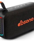 20W Bluetooth Speaker With Dope Stereo Sound 30 Hours Playtime IPX5 Water Resistant Portable Wireless Speaker With Deep Bass And Light Show Ideal Gift For Men Teens Adults Beach Vacation Essential Black showing side view with RGB light, black mesh, and carry strap.