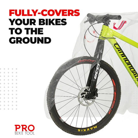 Transparent PVC Bicycle Cover 0.15mm Thick With Reflective Loops, showing wheel fit and protection from weather.
