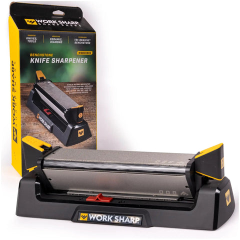 Three Sided Benchstone Knife Sharpener With Diamond And Ceramic Abrasives, Adjustable 20 Or 25 Degree Guides shown with packaging