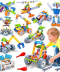 A child playing with Totally Fun 10 In 1 STEM Building Set For Kids Ages 4 To 8, showing assembled models and included pieces.