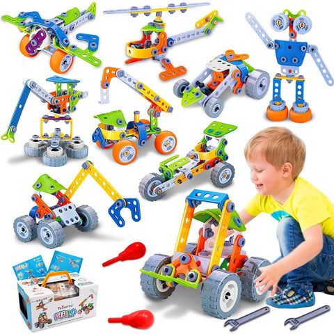 A child playing with Totally Fun 10 In 1 STEM Building Set For Kids Ages 4 To 8, showing assembled models and included pieces.
