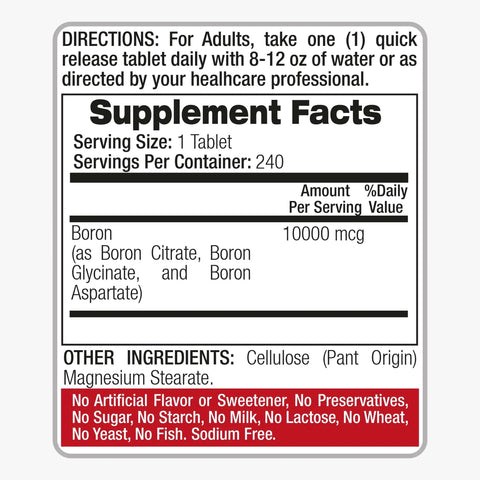 Ultra High Absorption Boron Supplement 10 mg Per Serving 240 Servings Supports Bone Health Hormone Balance label