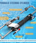 90HP Outboard Hydraulic Steering Kit with pump and cylinder, detailed view of hydro cylinder and connections in water background