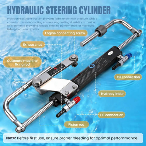 90HP Outboard Hydraulic Steering Kit with pump and cylinder, detailed view of hydro cylinder and connections in water background