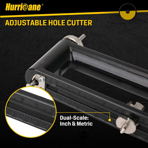Close-up of adjustable hole cutter with dual-scale showing inch and metric measurements for sheet metal HVAC ductwork