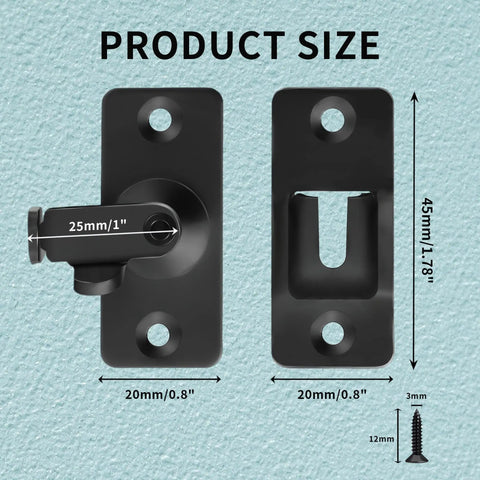 Compact 90 Degree Flip Latch Gate Security Lock With Matte Black Finish Rock Solid Build, shown with dimensions for quick setup.