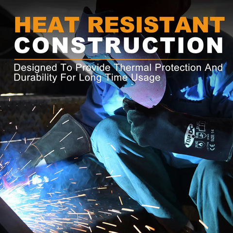 14 Inch Heat Resistant Leather Welding Glove With Kevlar Stitching For Fireplace Grill Fire Pit Campfire Wood Stove 482 Fahrenheit CE Certified MIG Stick Forge Oven Animal Handling shown in use during welding with sparks visible.