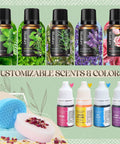 Six essential oil bottles and four colorants for All In One Soap Making Kit For Adults And Teens With Shea Butter Glycerin Melt And Pour Bases