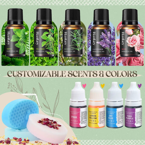 Six essential oil bottles and four colorants for All In One Soap Making Kit For Adults And Teens With Shea Butter Glycerin Melt And Pour Bases