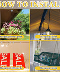 Four installation examples: flower pots on ceiling, light fixture on patio, billboards in store, swing on porch.