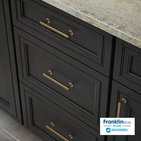Champagne Bronze Cabinet Handles 5 Pack, 4 Inch Center To Center Drawer Pulls on dark cabinetry, kitchen installation view.