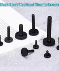 Knurled Thumb Screw Set 20 Pieces M3 X 12mm Black Steel Flat Head Grip Bolts on a gray surface