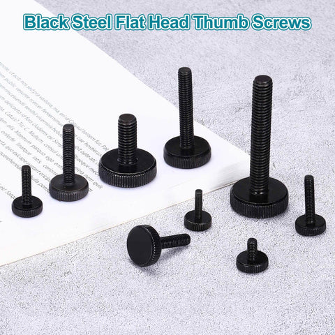 Knurled Thumb Screw Set 20 Pieces M3 X 12mm Black Steel Flat Head Grip Bolts on a gray surface