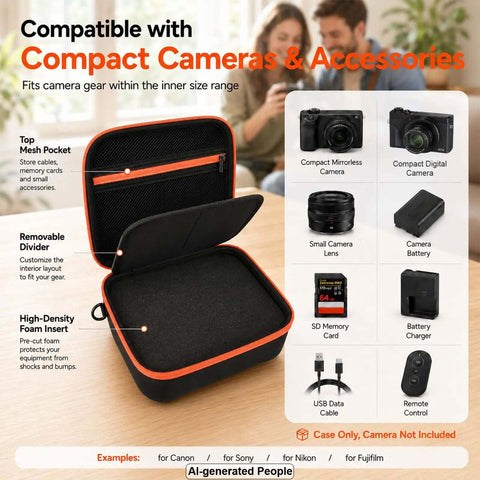 Rugged Hard Shell Case With Custom Cut Foam For Compact Mirrorless Cameras And Photo Gear showing interior layout with mesh pocket and removable divider.