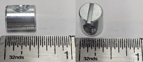 Close-up of 12 Pack Cross Dowels Barrel Nuts 12mm By 10mm Zinc Plated 10-24 Thread CNC Steel Hardware next to ruler