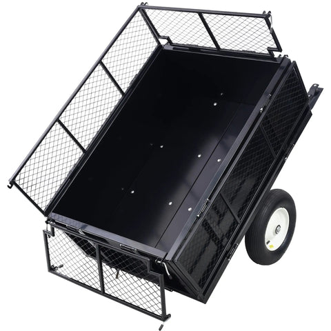 Heavy Duty Steel Dump Trailer 22 Cu Ft Capacity With All Terrain Tires 750 Lb Load showing open bed and side gates