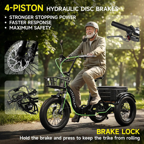 Beast Fat Tire Electric Tricycle For Adults With Three Wheel Ebike, 750W Hub Motor Peak 1350W, 52V 25Ah Removable Battery, 50 Mile Range, 7 Speed, 4 Piston Hydraulic Brakes, Cargo Rack, Black Build adult rider with 4-piston disc brakes