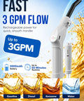 Cordless Rechargeable Fuel Transfer Pump With Easy One Hand Grip And A Beast Mode Three GPM Flow Rate For Moving Gasoline Diesel Or Kerosene Quick While Skipping All The Grease And Frustrating Rigamarole, showing batteries and flow rate.