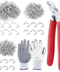 Angled Hog Ring Pliers Kit With Galvanized Hog Rings And Gloves, 360 Rings In 3 Sizes 3/8 Inch, 1/2 Inch, And 3/4 Inch