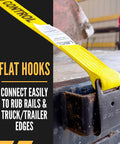 Beefy Heavy Duty Flat Hook Ratchet Straps 2 Inch by 50 Foot attached to trailer edge, yellow polyester material