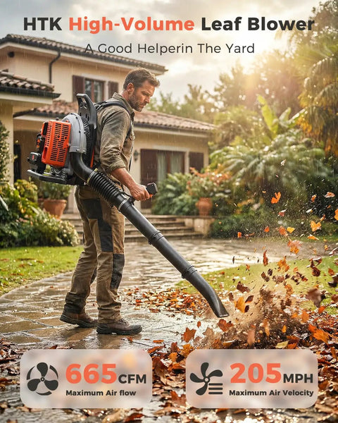 Man using Backpack Leaf Blower, 63cc Gas Powered Beast With 665 CFM Air Flow And 205 MPH Wind for yard debris removal