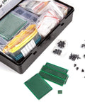 Epic 2200 Piece Electronics Component Kit With Capacitors Resistors Transistors Inductors Diodes Potentiometers ICs LEDs And PCBs For DIY Projects And Pro Hobbyists, open box showing components and PCBs