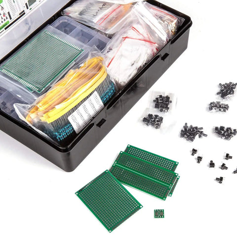 Epic 2200 Piece Electronics Component Kit With Capacitors Resistors Transistors Inductors Diodes Potentiometers ICs LEDs And PCBs For DIY Projects And Pro Hobbyists, open box showing components and PCBs