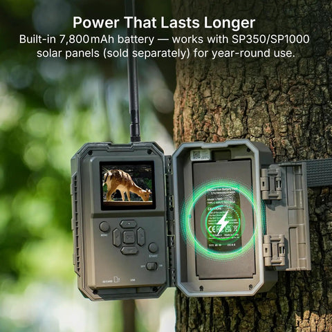 Extra Trail Cam For Wildlife Viewing And Yard Patrol Pairs Directly With The Main Hub For Fast Homestead Setup Supports Up To Sixteen Devices For Clean Live Watch That Always Has Your Back on a tree with battery details.