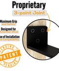 Close-up of black carbon steel hidden floating shelf bracket with 3-point joint for 6 inch boards; patent pending.