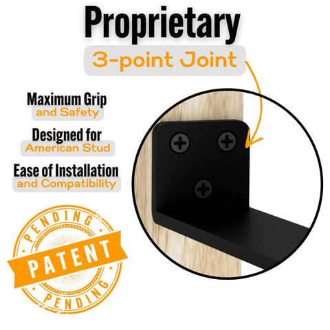 Close-up of black carbon steel hidden floating shelf bracket with 3-point joint for 6 inch boards; patent pending.