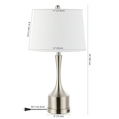 26 Inch Nickel Table Lamp Set Of 2 With USB Charging Ports, French Country Bedside Lighting For Living Room Or Bedroom, White Linen Shade, LED Bulbs Included