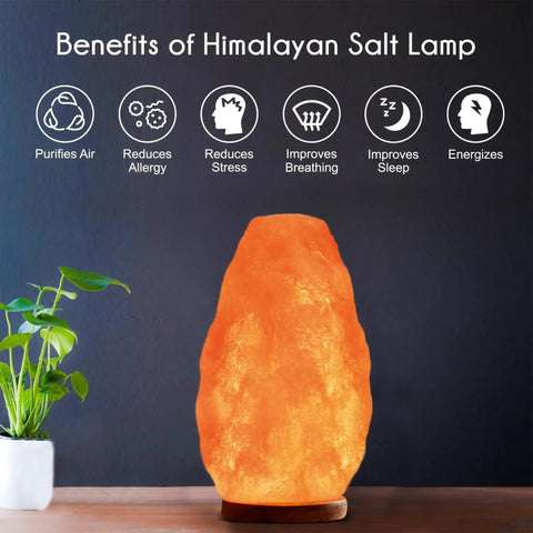 Himalayan Glow Natural Pink Salt Lamp Hand Mined In The Himalayan Mountains Crystal Night Light With ETL Brightness Dimmer Switch Wooden Base 6 To 8 Lbs Salt Lamp Calming Amber Glow Gift Box Included glowing on a wooden base with benefits icons.