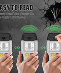 Close-up of 6 in 1 Stud Finder Wall Scanner, Electronic Center and Edge Detector with HD LCD Display in use, showing user reading results.