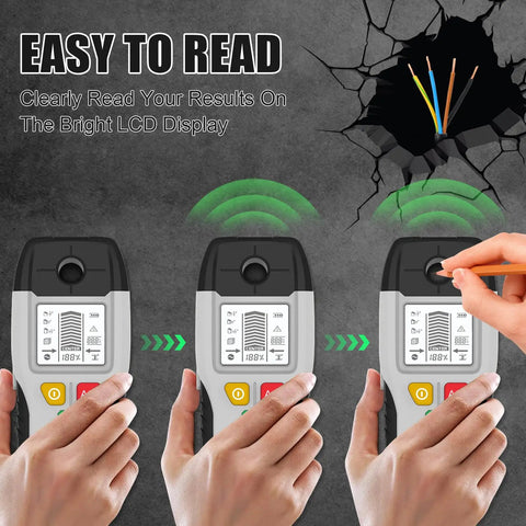 Close-up of 6 in 1 Stud Finder Wall Scanner, Electronic Center and Edge Detector with HD LCD Display in use, showing user reading results.