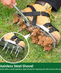 Aluminum Lawn Aerator Shoes With 2.2 Inch Spikes For Deep Core Aeration being cleaned with a stainless steel shovel on grass