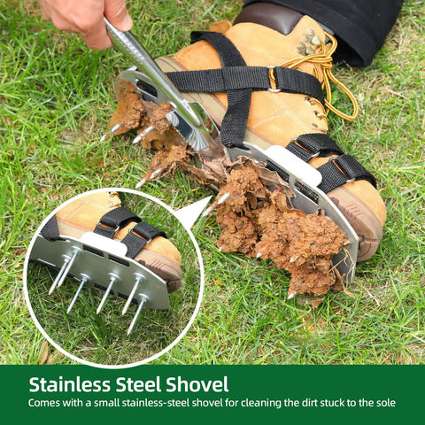 Aluminum Lawn Aerator Shoes With 2.2 Inch Spikes For Deep Core Aeration being cleaned with a stainless steel shovel on grass