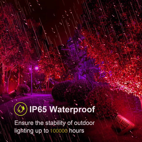RGBW LED Wall Washer Light with RF Remote 72W 5000K Dimmable for Outdoor Use, illuminating trees and bushes in rain, IP65 waterproof.