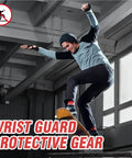 Skateboarder using Impact Resistant Wrist Guard For Skating Skateboarding Snowboarding Skiing And Motocross with ABS Bone Shell.