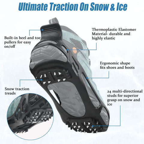 Slip On Ice Cleats Traction Crampons For Snow And Ice with aggressive treads and built-in pullers on X-Large shoes