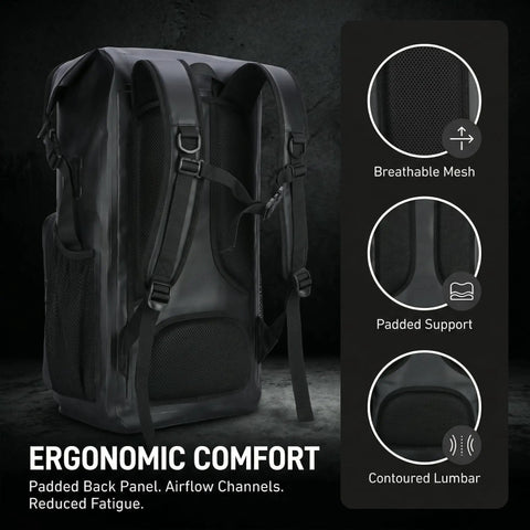 Black 100 Percent Waterproof Roll Top Dry Bag Backpack with ergonomic straps and breathable mesh, 35L capacity