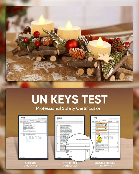 100 Pack Flameless LED Tea Light Candles Bulk With Long Lasting Battery For Safe Realistic Flicker Ambience At Weddings Parties And Home Decor Projects, displayed in a festive decorative setting with safety certification documents shown.