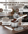 Double Filter Stainless Steel Reusable Coffee Pods With Fast Twist Screw Switch For Custom Ground Roasts That Hit Different Every Single Morning You Crave Bold Flavor on a kitchen counter with coffee.
