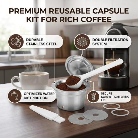 Double Filter Stainless Steel Reusable Coffee Pods With Fast Twist Screw Switch For Custom Ground Roasts That Hit Different Every Single Morning You Crave Bold Flavor on a kitchen counter with coffee.