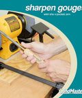 Lathe Tool Sharpening Jig With Quad Setup And Multi Grind System For 6 Inch Grinders, Includes Two Setup Blocks, Effortless Razor Sharp Edges And Repeatable Bevels For Pro Style Grinding shown sharpening gouge on grinder.