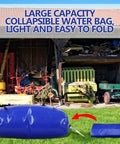 240L Foldable Water Storage Bladder for Outdoor Camping in blue, shown inflated and folded on grass, farmhouse background