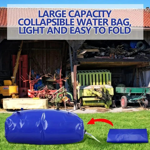 240L Foldable Water Storage Bladder for Outdoor Camping in blue, shown inflated and folded on grass, farmhouse background